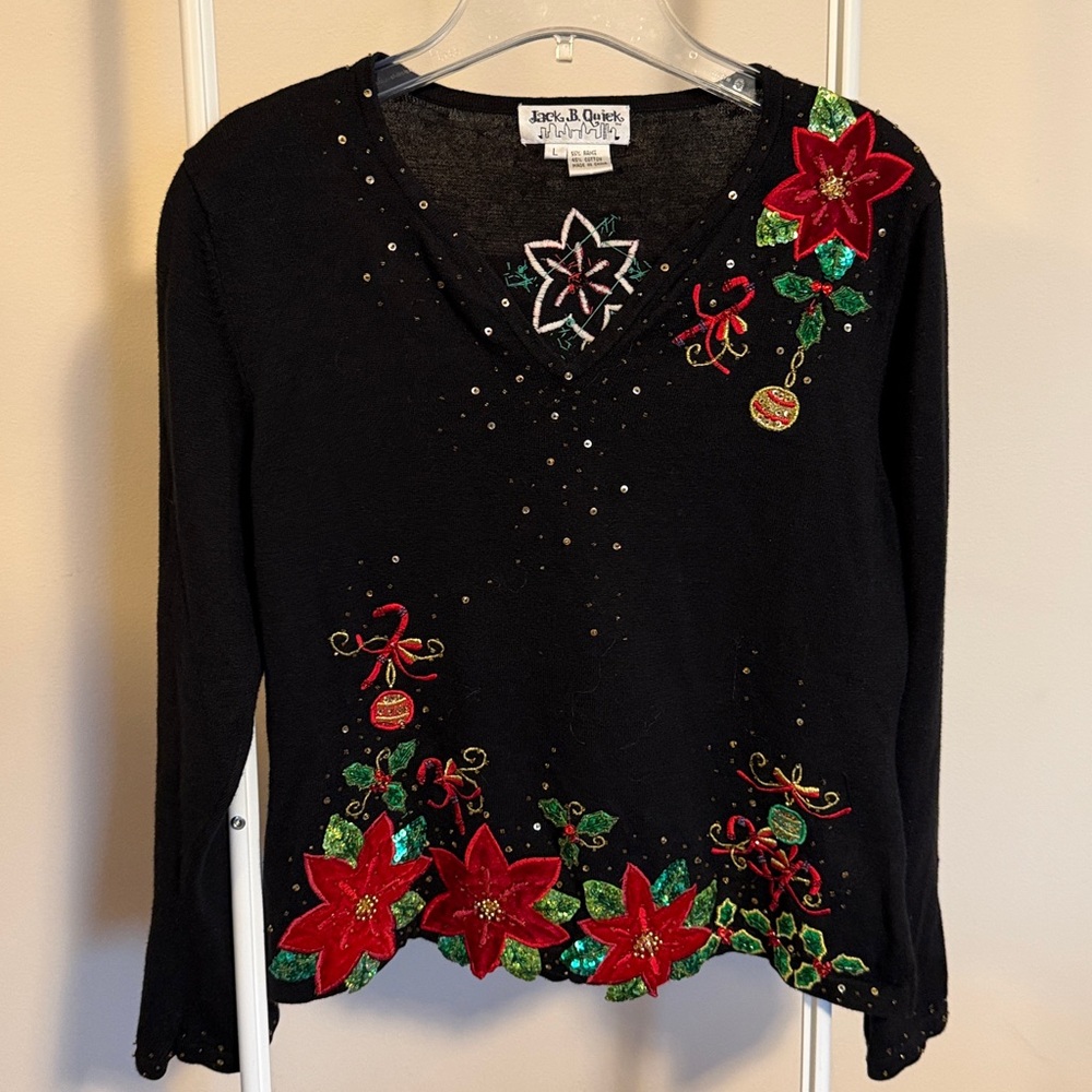 Jack B Quick cotton ramie v-neck holiday black sweater with pointsetta appliqué